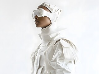 A high-fashion model in an avant-garde futuristic outfit on white background