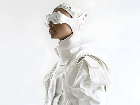 A high-fashion model in an avant-garde futuristic outfit on white background - Powered by Adobe