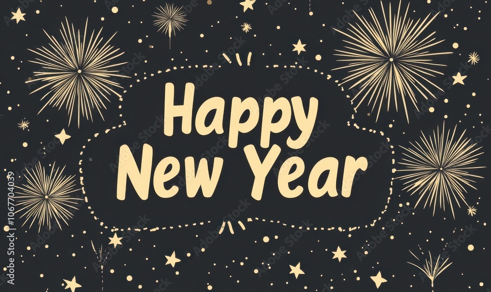 Poster fireworks in beige, with a black background and large text saying 