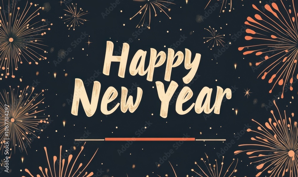 Poster fireworks in beige, with a black background and large text saying 