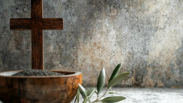 Religion, faith, liturgy, Ash Wednesday, Lent background. Brown wooden cross, ceremonial ash bowl and olive branch on grunge gray background