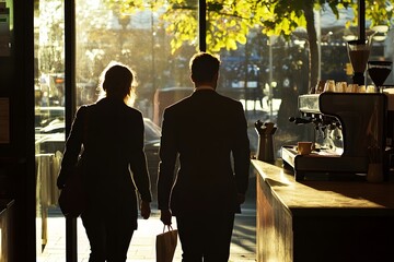 Businesspeople leaving cafe in morning sunlight