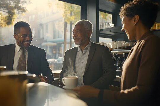 Business people enjoying coffee break at cafe counter
