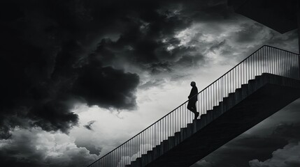 Fototapeta premium A solitary figure ascends a staircase under a dramatic, stormy sky.