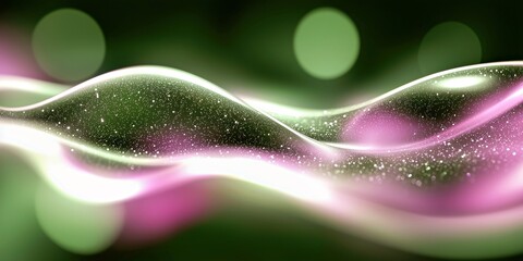 Glittery green and pink wave with luminous sparkles and soft bokeh lights