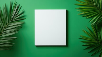 vibrant green palm leaves framing a blank white canvas mockup