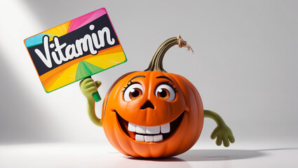 Cartoon happy character pumpkin with sign inscription vitamin