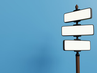 crossroad signs, street board on blue background, 3d rendering illustration