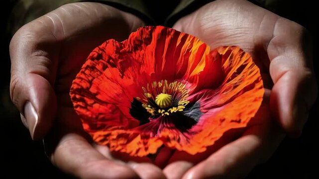 Soldier hands holding red poppy flower, remembrance day, Veterans day, Anzac day, lest we forget concept