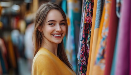 Fototapeta premium Luxury Mall Shopping: A Woman'S Decision On Fashion, Sales, And Discounts At Boutique Showrooms. Smiling Customer Finding Fabrics For Purchases.