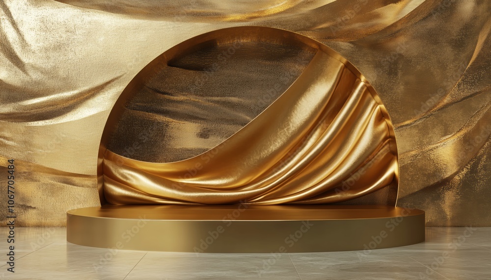 Poster luxurious gold abstract mall scene podium with fabric flutter geometric design on square floors and 