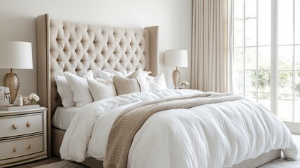 Luxurious White and Beige Bedroom with a Tufted Headboard