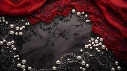 diseño con tela de seda en color rojo con encaje negro y perlas color blancas elegantes y sofisticados fondo elegante con espacio de copia