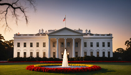 "Sunset Over the White House with American Flag Waving: Iconic Landmark in Washington D.C., Symbolizing Patriotism, Pride, and Tradition with a Serene Evening Glow. Capturing National Heritage and Uni