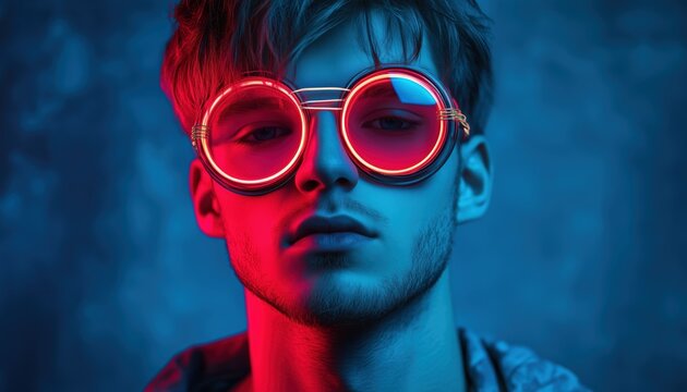 Serious And Handsome: Futuristic Young Man In Neon Wire Goggles Poses Against Blue Light Background - Powered by Adobe