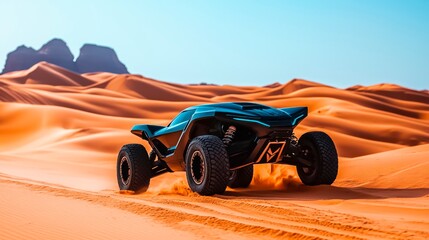 Obraz premium Exploring vast golden sand dunes in a powerful off-road vehicle against the backdrop of rugged mountains during a bright sunny day. 