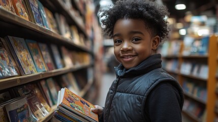 Young Black boy smiles while browsing colorful books in a vibrant library during the afternoon