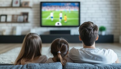 Fototapeta premium Excited Family Watching Football Match Together On Tv In Living Room, Enjoying Leisure And Bonding Time. Rear View Of Parents And Children.