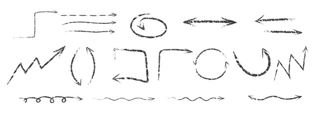 Curved arrows drawn with a brush in grunge style. Curved and wavy brush strokes , chalk, pencil. Directional arrows, chalk arrow set. Vector doodle illustration