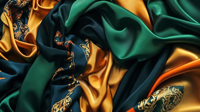 A close-up shot of green, gold, and blue fabric with a detailed, gold pattern