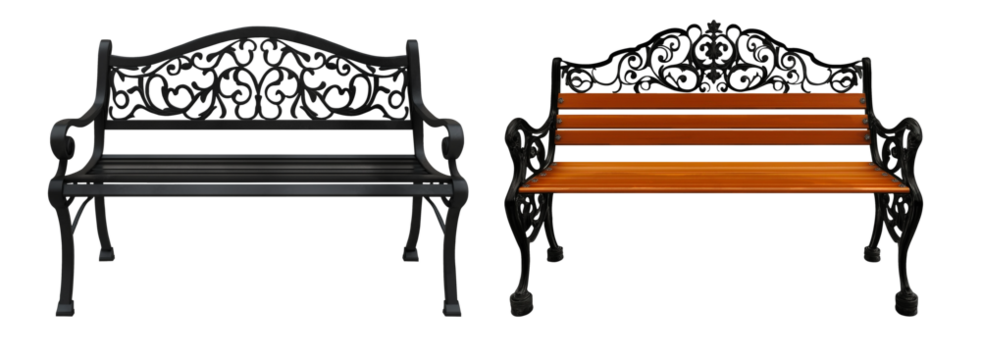 decorative metal benches set with intricate designs isolated on transparent