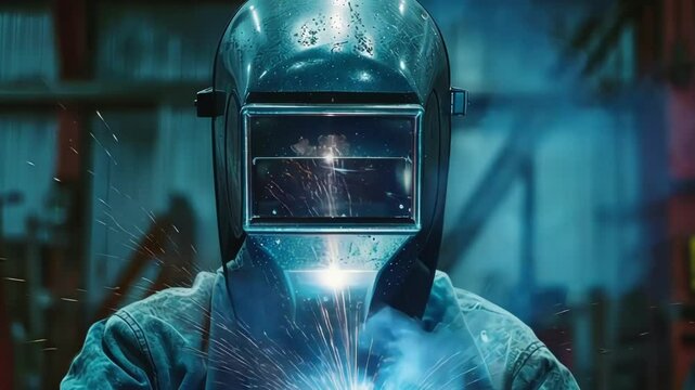 A welding mask hides the expression on a workers face as they focus on creating a strong weld on a piece of metal piping.