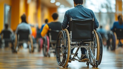 Obraz premium Individuals in wheelchairs navigating a vibrant indoor space together