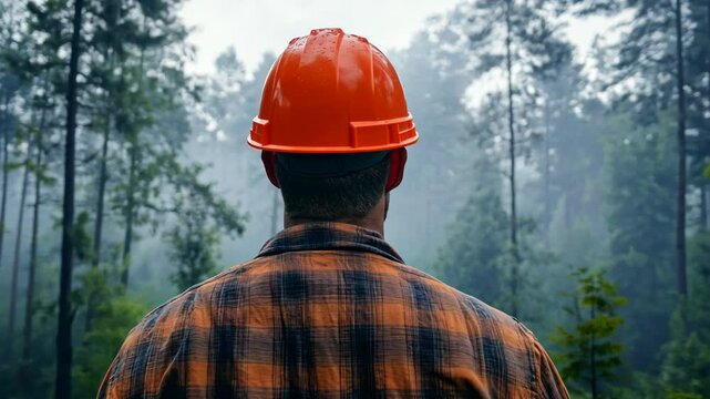 A worker wearing a hard hat and flannel shirt looks out over a misty forest on a cloudy day
