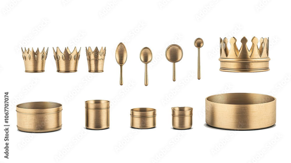 Poster detailed collection of golden crowns and decorative objects generative ai