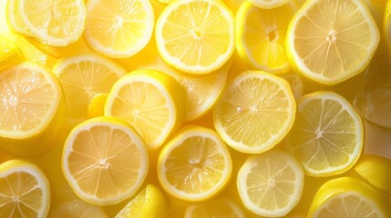 Obraz premium Freshly sliced lemons arranged beautifully, showcasing vibrant colors and textures in a bright setting