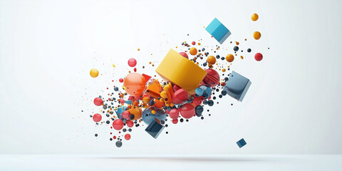 Obraz premium Cinematic Floating 3D Abstract Shapes: Vibrant Colors, Diverse Textures, Surreal Composition, Dynamic Geometry, and Futuristic Visual Art Design