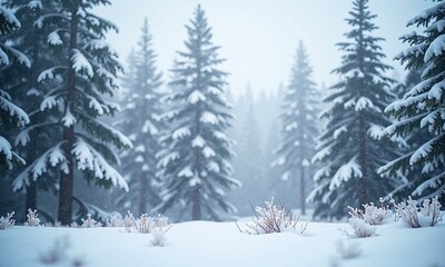 Naklejka premium Winter landscape snowy forest blizzard snowflakes bokeh soft