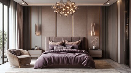 Modern Bedroom Interior with Plush Bed and Geometric Chandelier