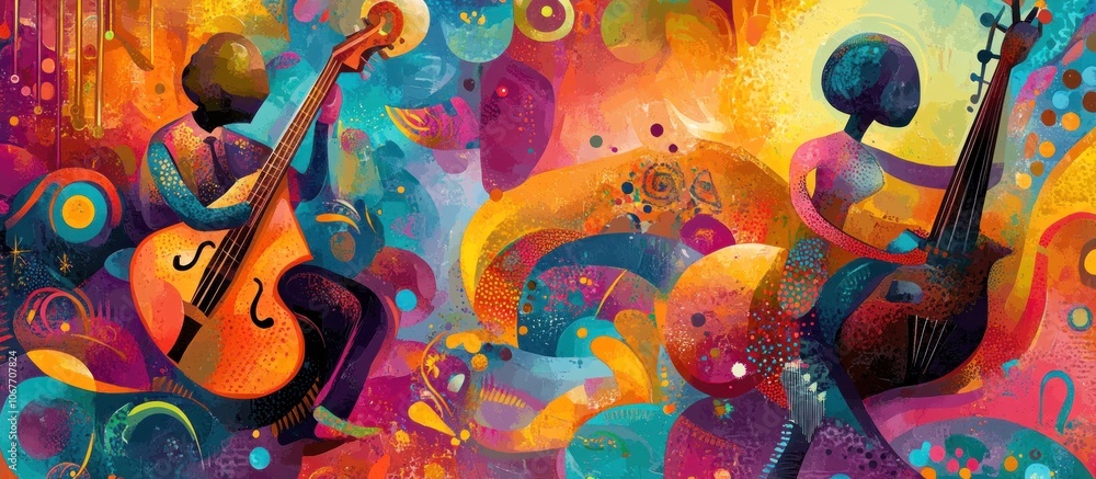 Poster abstract colorful illustration of two musicians playing string instruments in a vibrant and dynamic 
