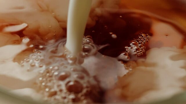 Pouring milk into black english breakfast tea in glass cup. Drinking hot tea with milk, healthy morning, freshly brewed detox drink.