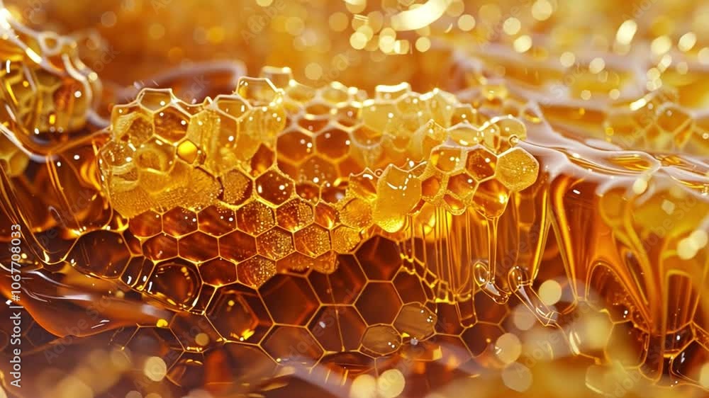 Poster this close-up view reveals the shiny texture of honey and hexagonal patterns of honeycomb.