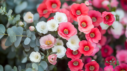 ramo de flores rojas blancas con plantas de eucalipto detalles de dise&ntilde;o floral elegantes y coloridas belleza en la naturaleza 