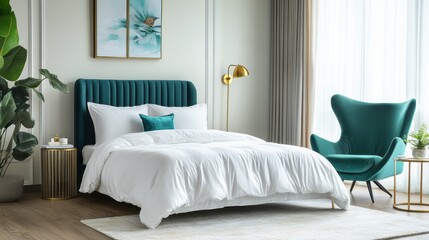 Fototapeta premium A Teal Velvet Bed and Chair in a Luxurious Modern Bedroom