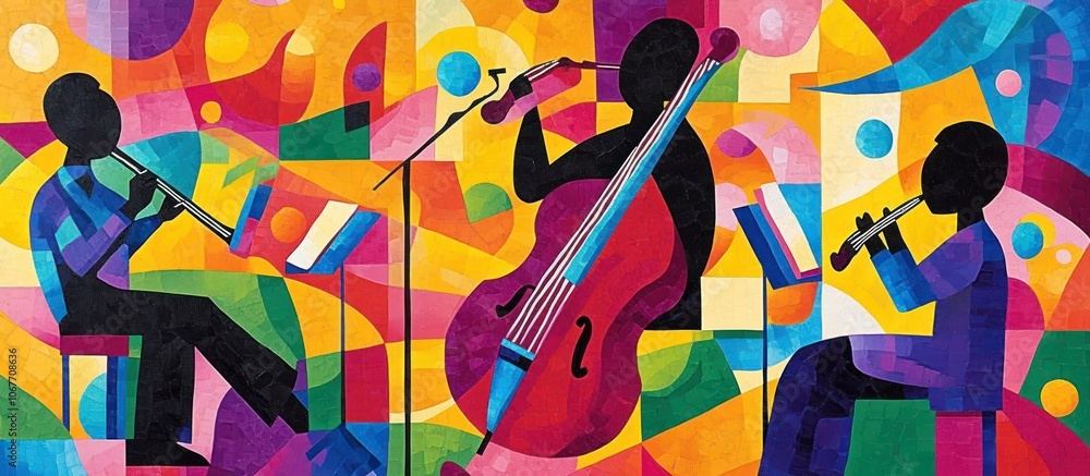 Poster a colorful abstract painting of three musicians playing instruments in a band. the musicians are sil