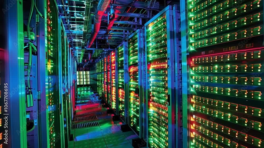 Poster multiple network servers actively process data in a brightly lit server room, essential for storing 