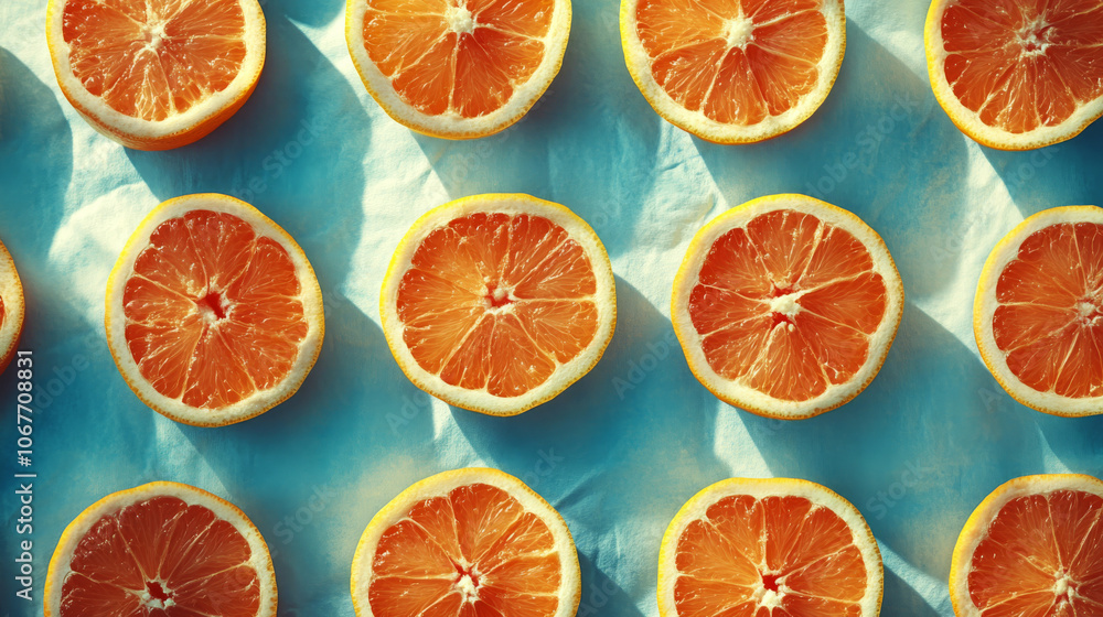 Poster orange slices are arranged in a neat grid on a blue surface, casting shadows. concept of freshness a