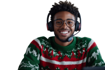 A young African American man wearing an ugly Christmas sweater and call center phone operator headset, appearing to be in a cheerful holiday-themed customer service office