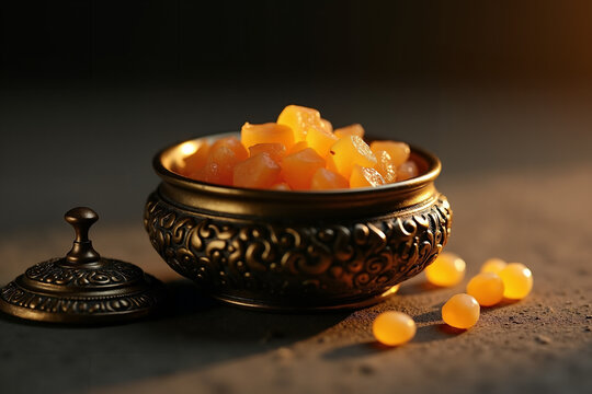 Amber-colored dried fruit pieces in an ornate antique brass bowl, illuminated warmly, symbolizing tradition and luxury