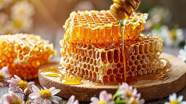 This Honey flows from honeycomb onto a wooden dish, complemented by blooming flowers nearby.