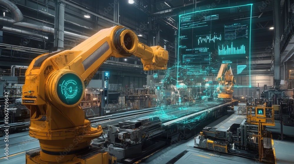 Poster exploring advanced industrial robotics implementations within a hightech manufacturing facility envi