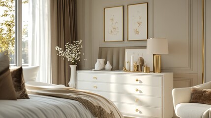 A Luxurious Bedroom Interior with a White Dresser, Bed, and Chair, Decorated with Gold Accents and Floral Art