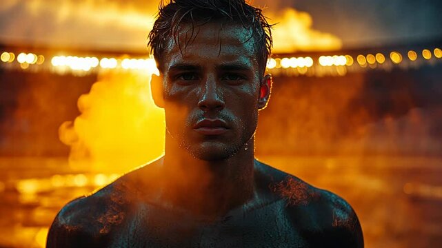 A determined man stands amidst fire and smoke, showcasing strength.