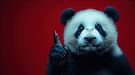 Panda Pointing: A playful panda cub with captivating eyes points its paw towards the camera, radiating a sense of innocent charm and curiosity, against a vibrant red background.