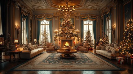 Fototapeta premium Grand living room decorated for Christmas with a fireplace, several Christmas trees and presents.