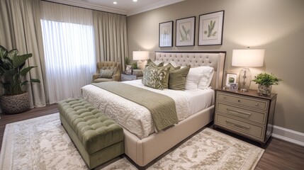 Modern Bedroom with Green Accents and Plush Bedding